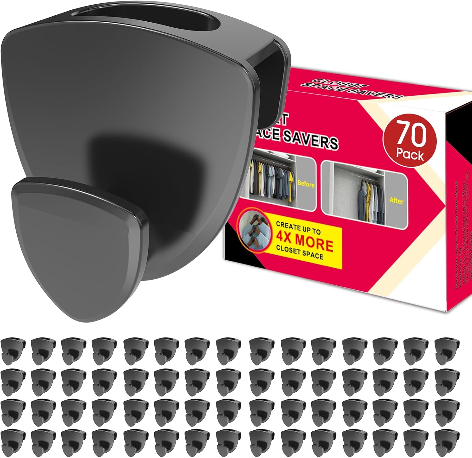 Space Saving Hangers 70Pcs, Black Plastic Triangular Hooks, Heavy Duty Up to 40L...