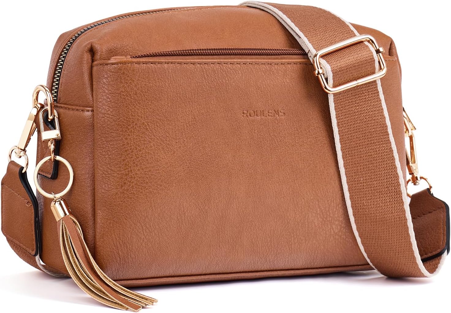 Roulens Small Crossbody Bag with 3 Zip Compartments,Vegan Leather Phone Bag for...