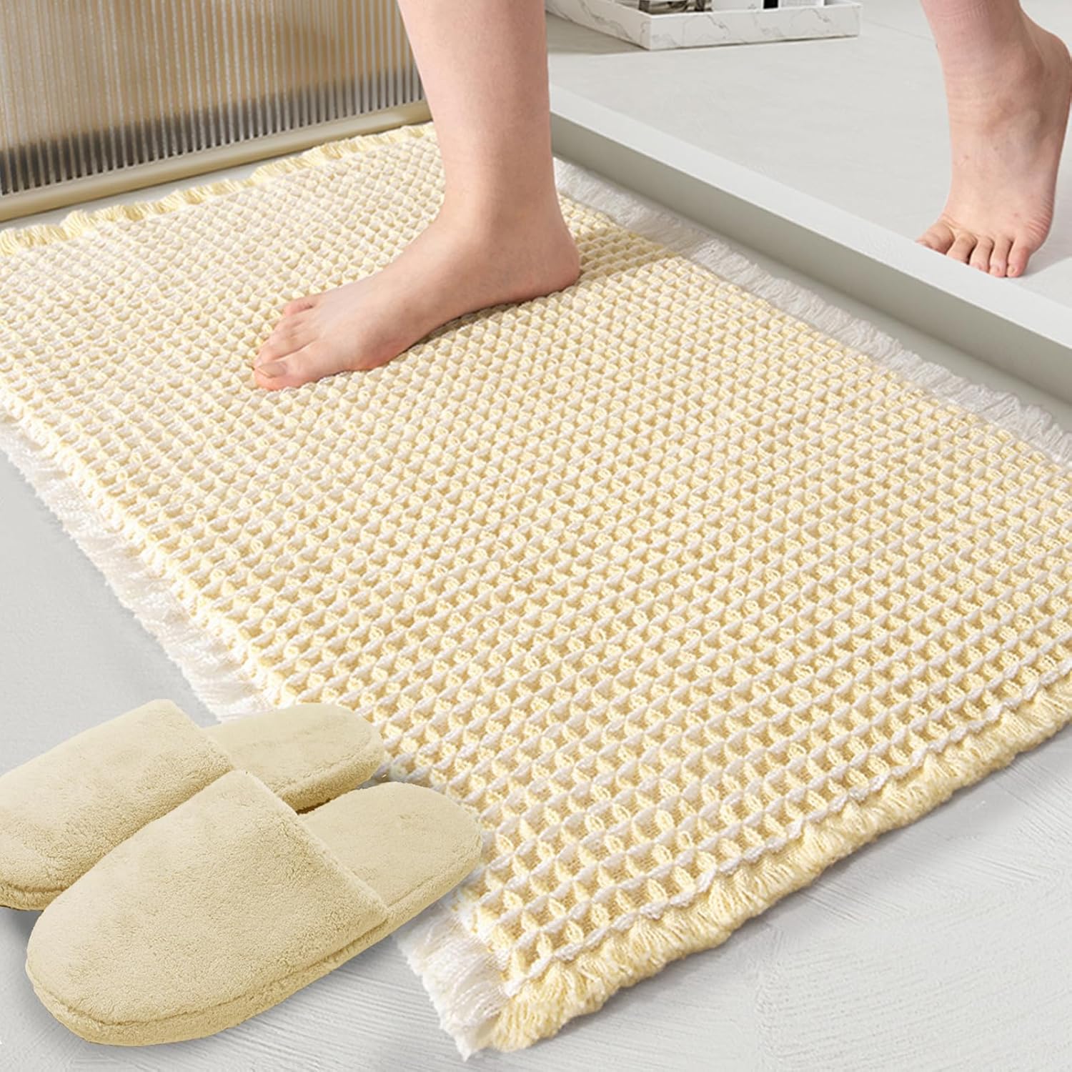 ZALL Beige Waffle Bath Mat,Super Absorbent Non Slip Bathroom Rug,Cream 24x36inch...