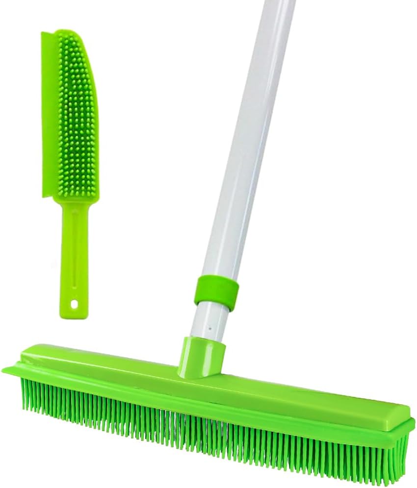Rubber Broom and Pet Hair Brush Set, Telescopic Long Handle Soft Rubber Push Bro...