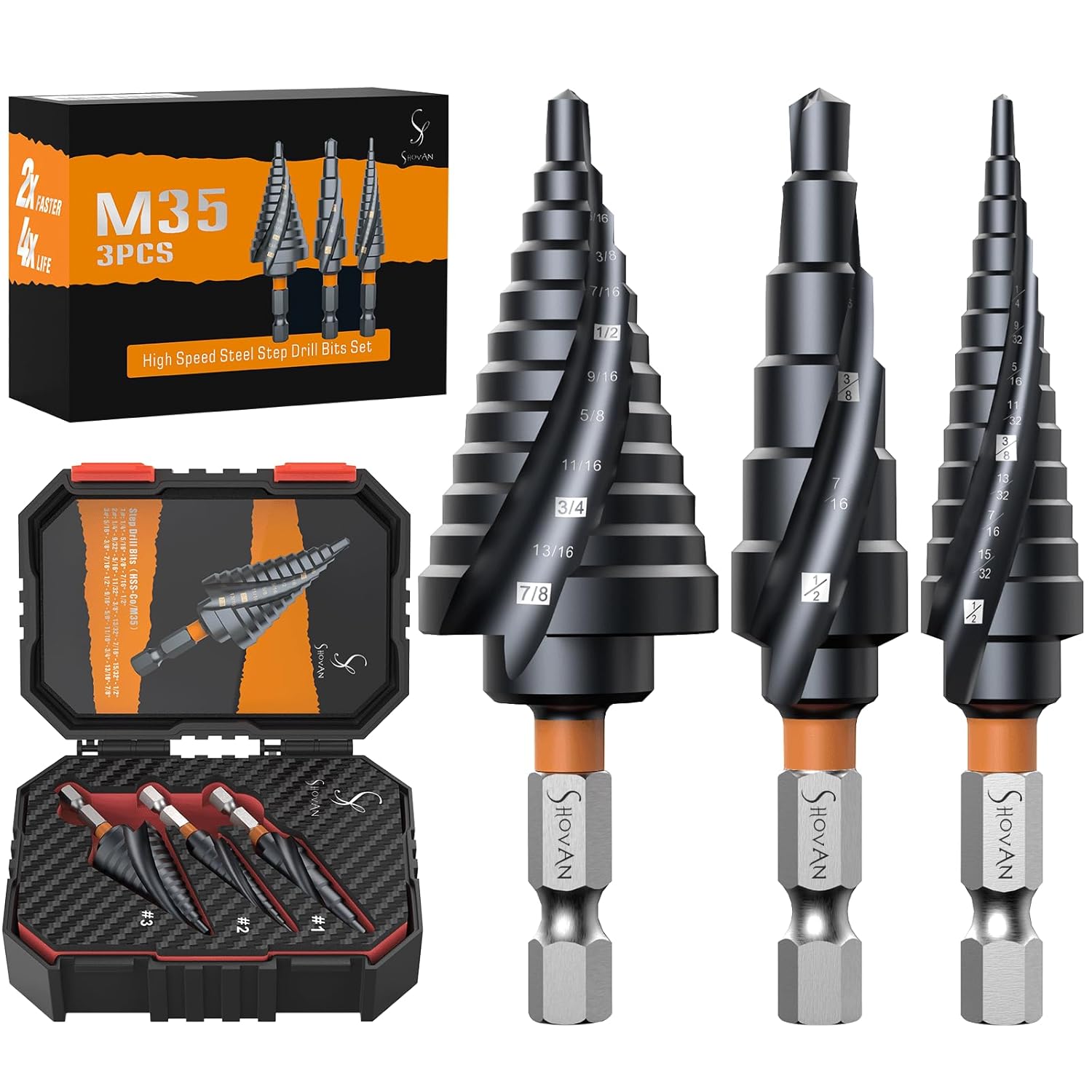 3PCS Premium HSS & Cobalt Spiral Step Drill Bit Sets (1/4"-7/8"), TiAlN Coated f...