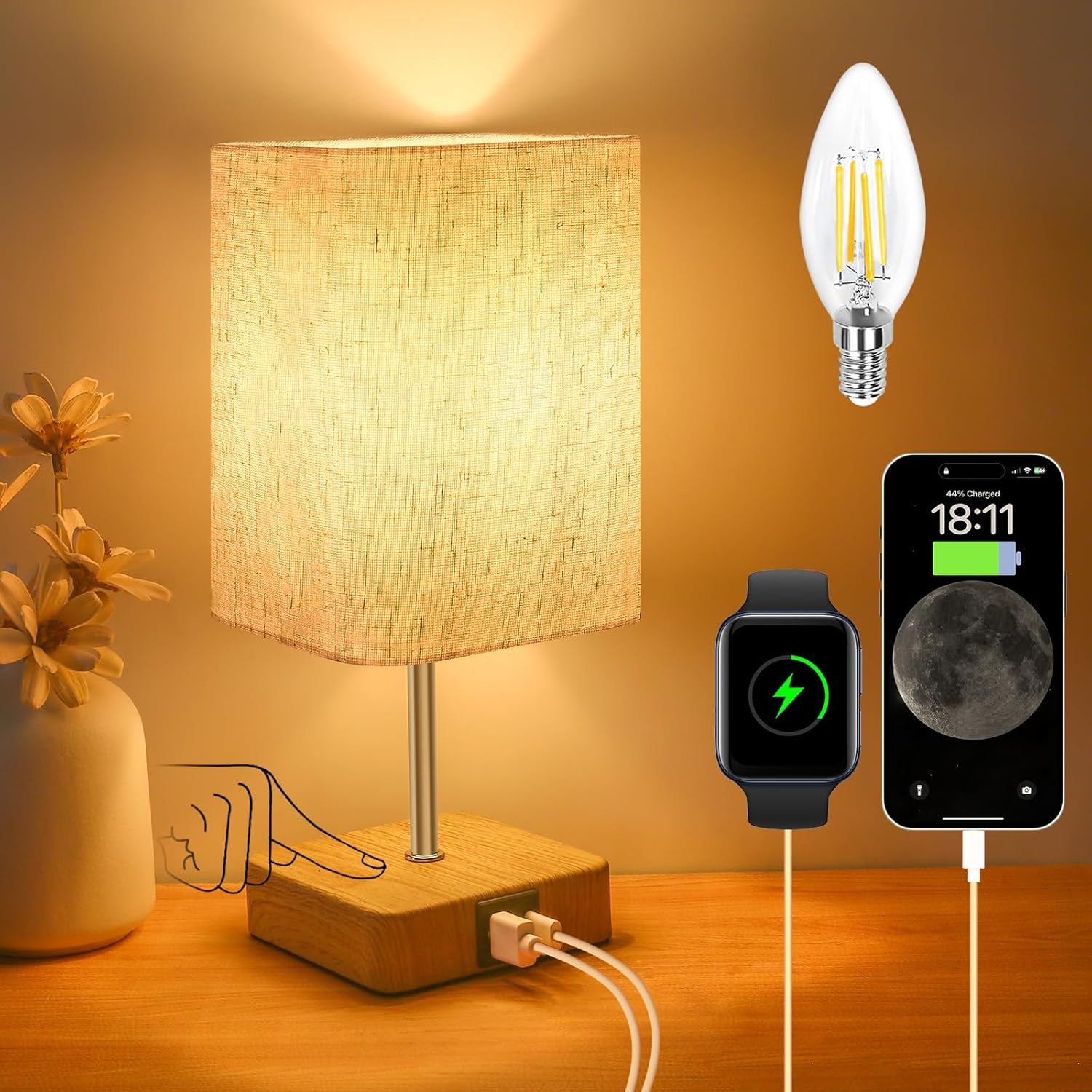 Touch Bedside Table Lamp,Dimmable Touch Control Nightstand Lamps with USB-C＆USB...