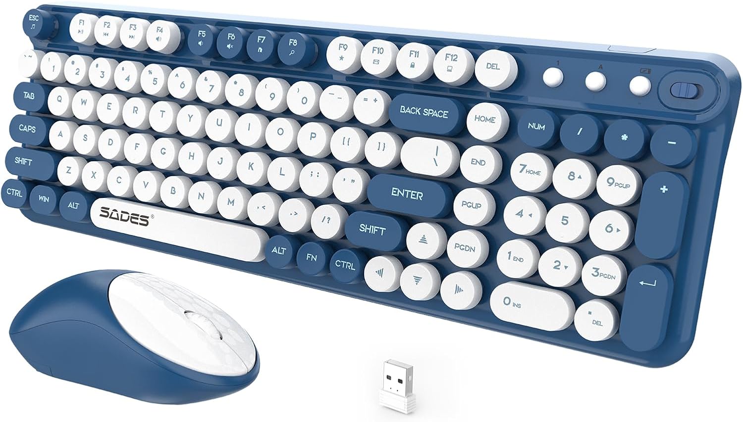 Blue Colorful Wireless Keyboard and Mouse,Cute Retro Typewriter Computer Keyboar...