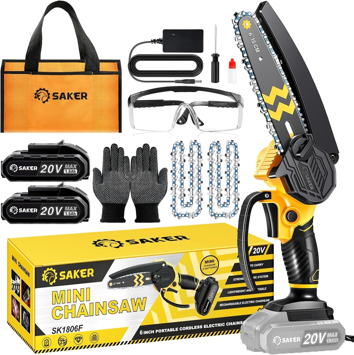 Saker Mini Chainsaw Cordless 6-Inch-Switch Security Lock-Cordless Power Chain Sa...