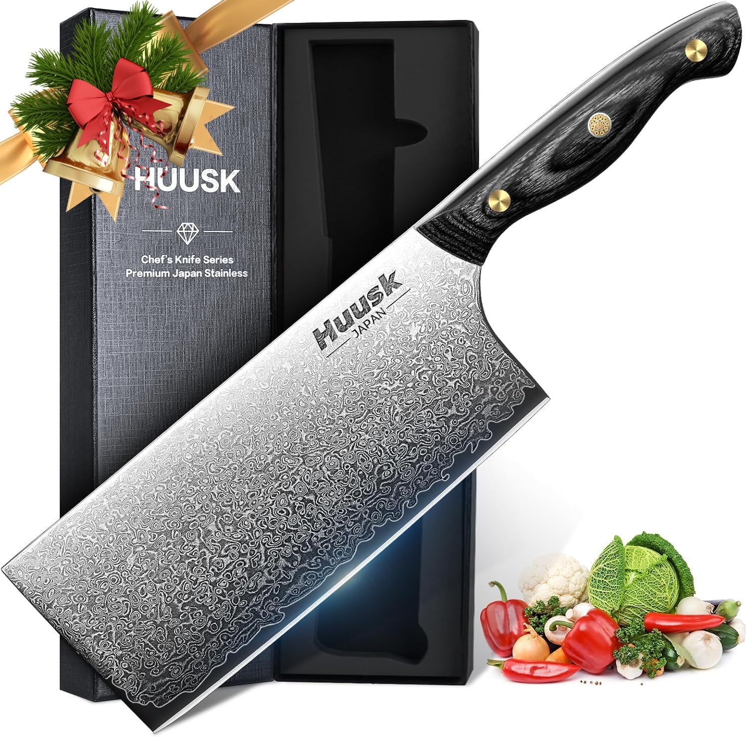 Huusk Damascus Cleaver Knife 7 inch, VG10 Butcher Knife for Meat Cutting, Kitche...