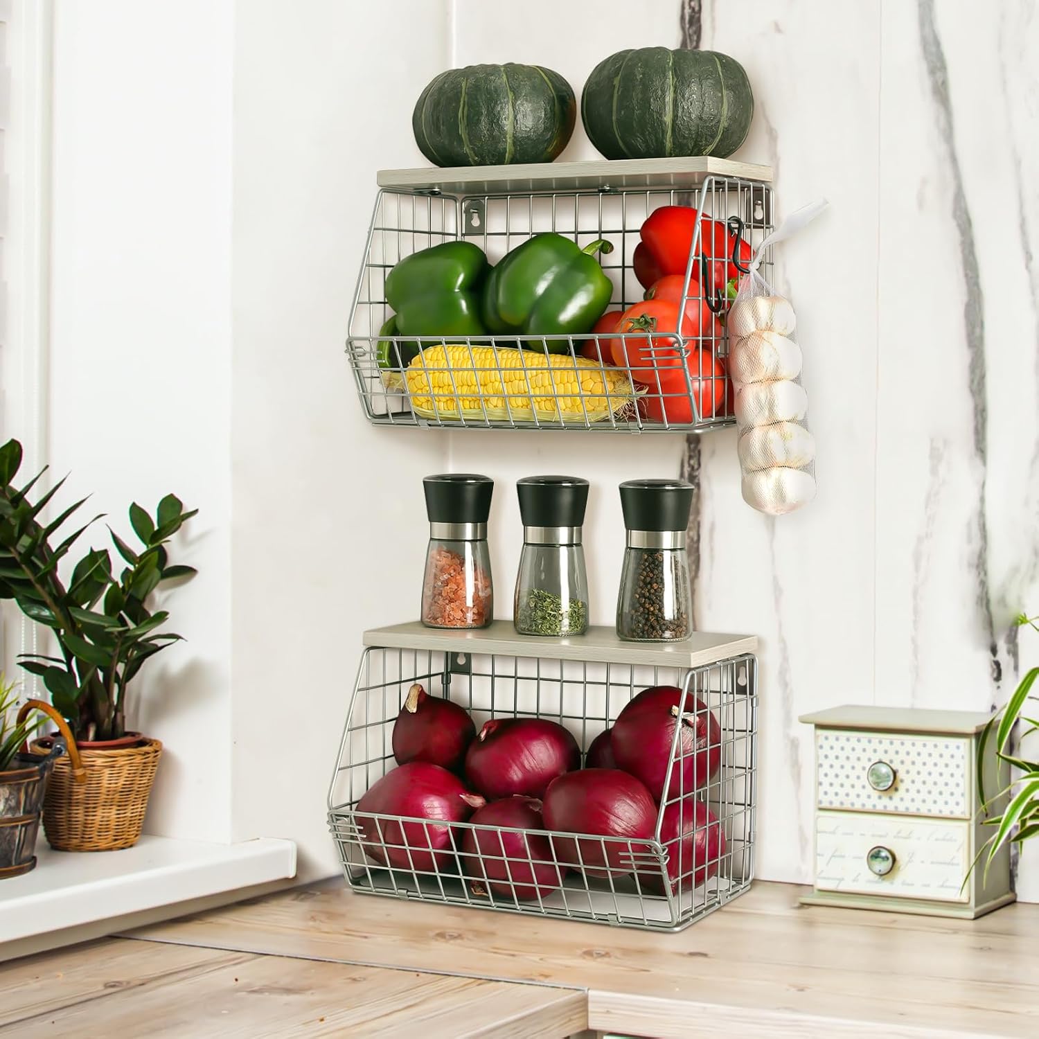 2pcs Silver Fruit Basket, Stackable Wall Mounted Pantry Organizers and Storage B...
