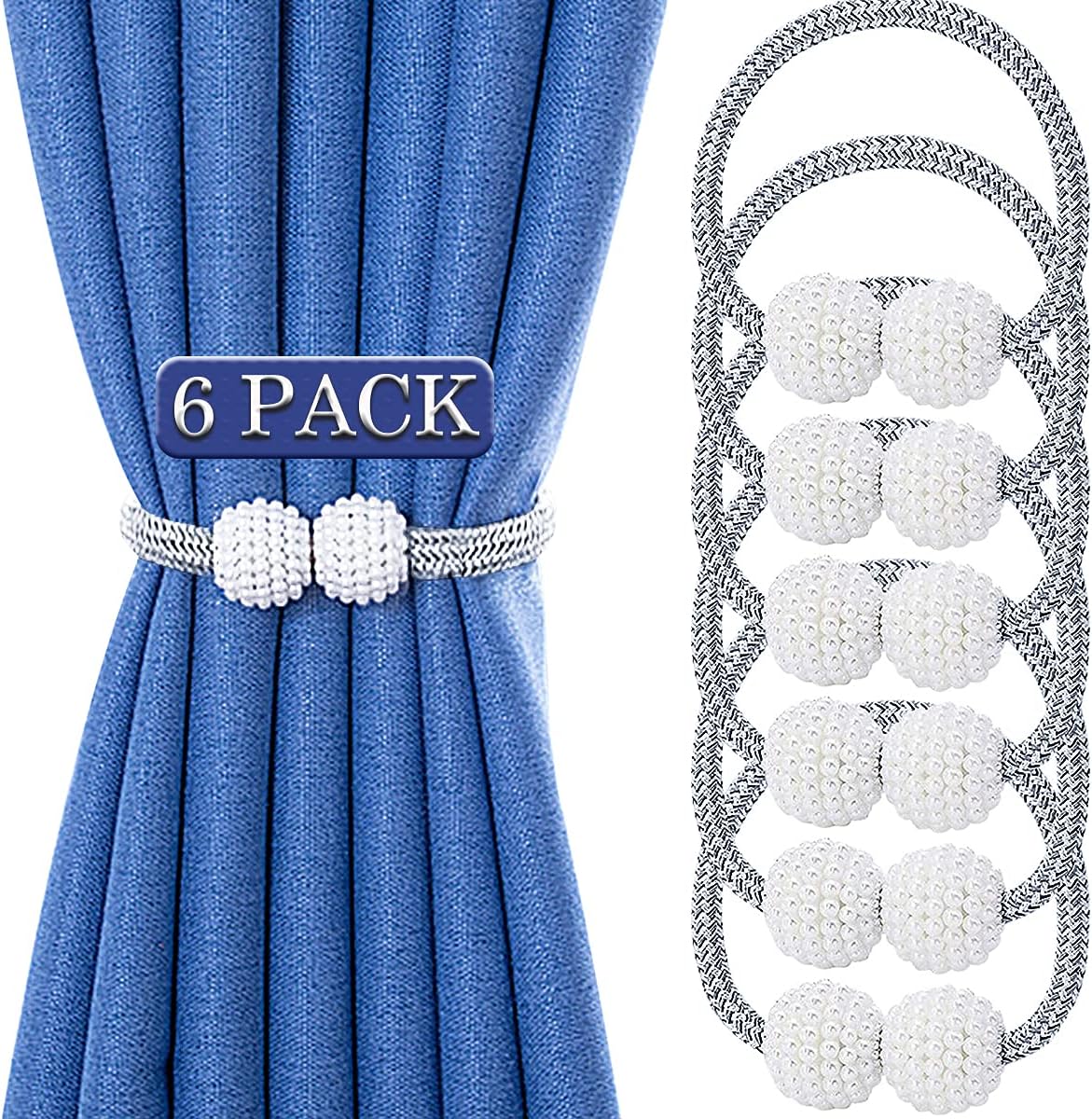 JOYJULY Magnetic Curtain Tiebacks (6 Pack),Modern Pearl Curtain Drapes Clips Rop...