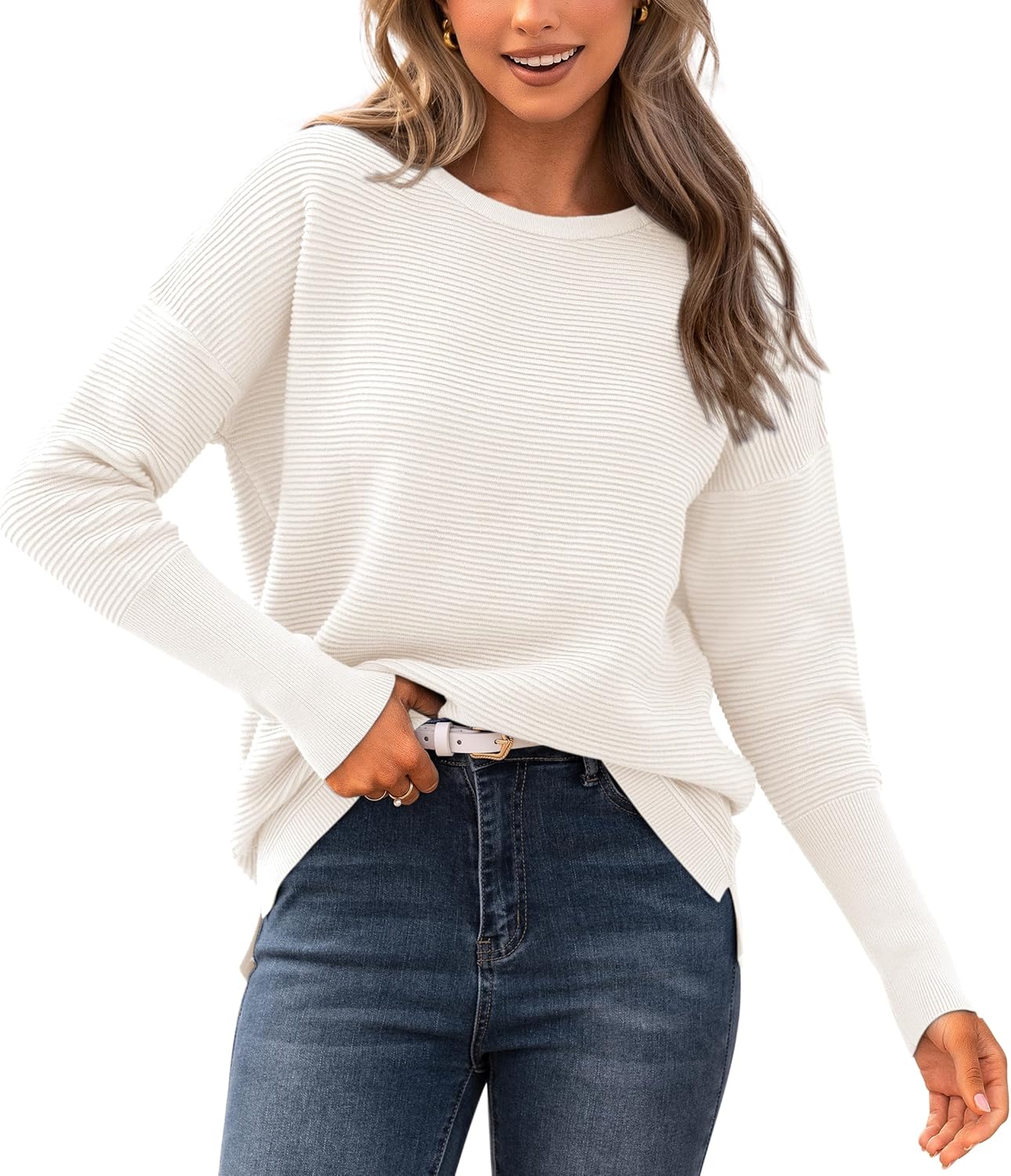 BTFBM Casual Women 2025 Fall Sweater Long Sleeve Ribbed Knit Pullover Loose Crew...