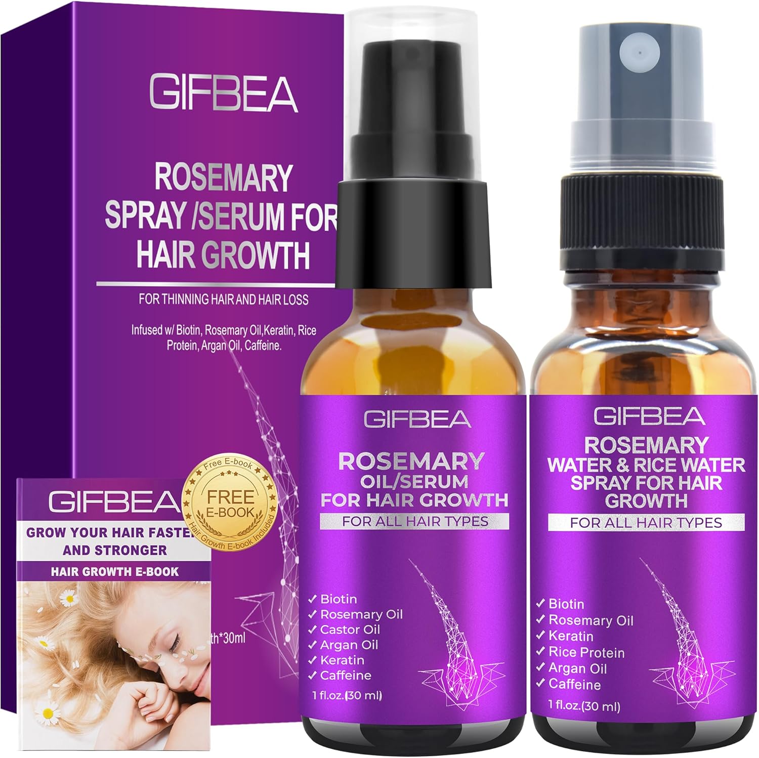 GIFBEA Rosemary Oil Serum for Hair Growth W/Rosemary Water & Rice Water Spray Ha...