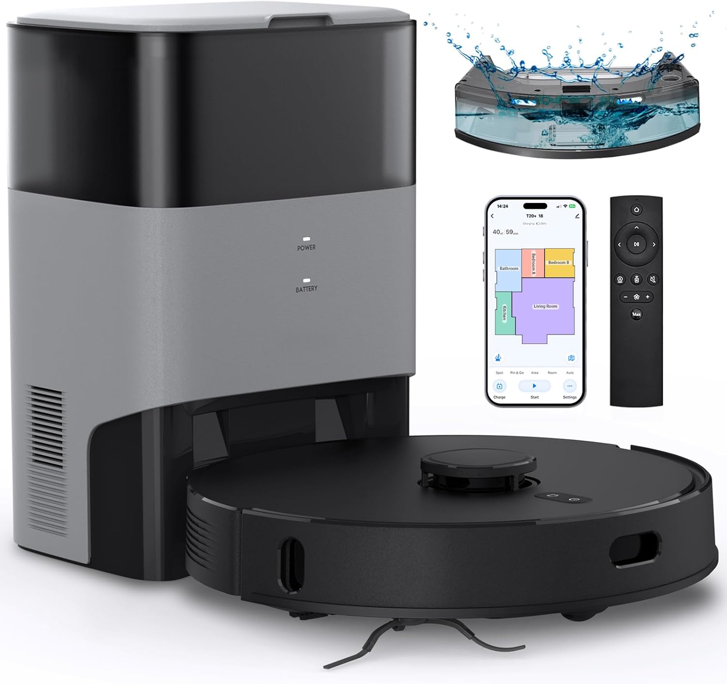 Robot Vacuum and Mop Combo, Self-Emptying, 60-Day Capacity, Schedule, 180mins Ru...