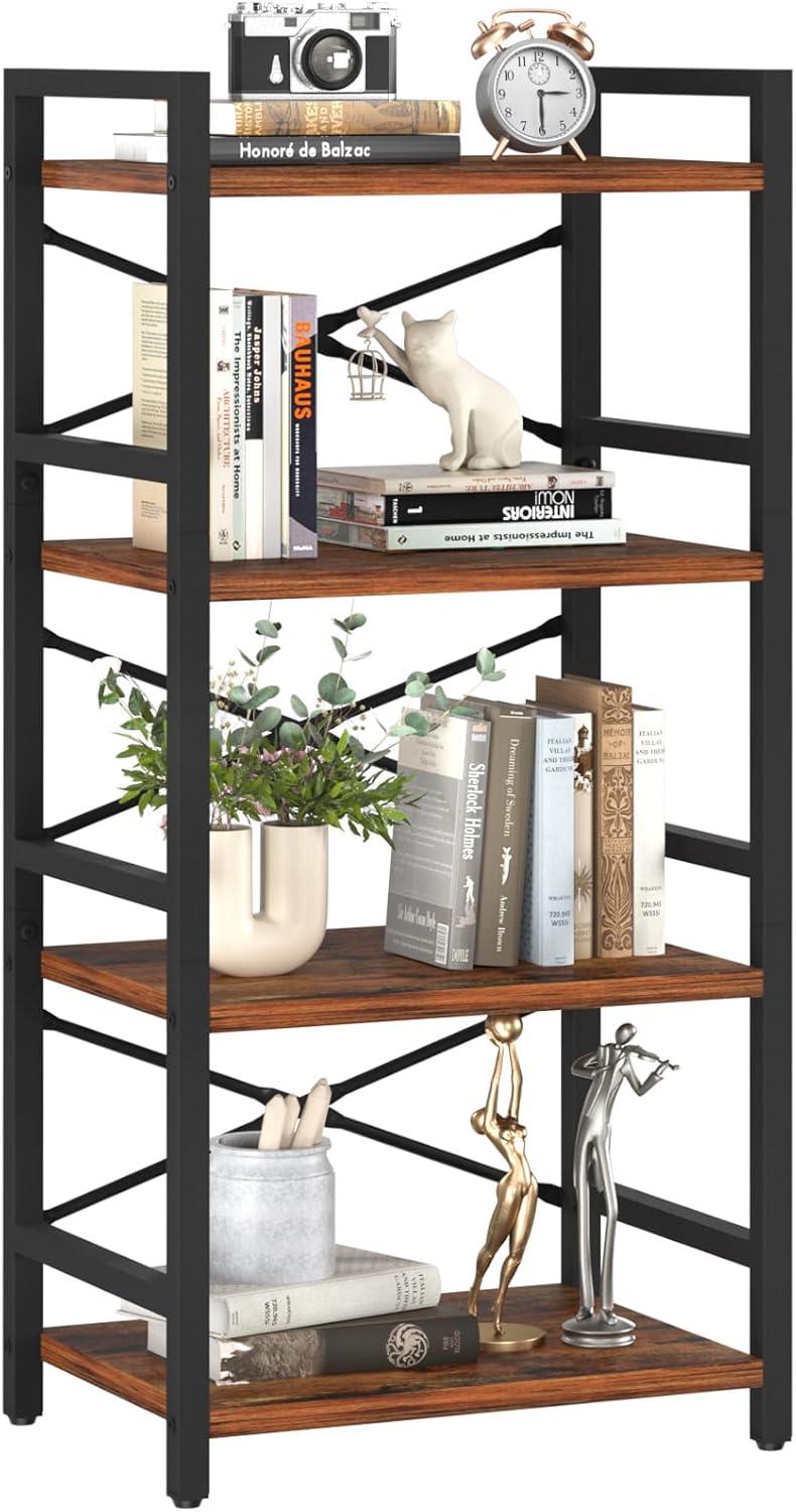 Yoobure 4 Tier Bookshelf - Small Book Shelf Industrial Bookcase, Narrow Book Cas...