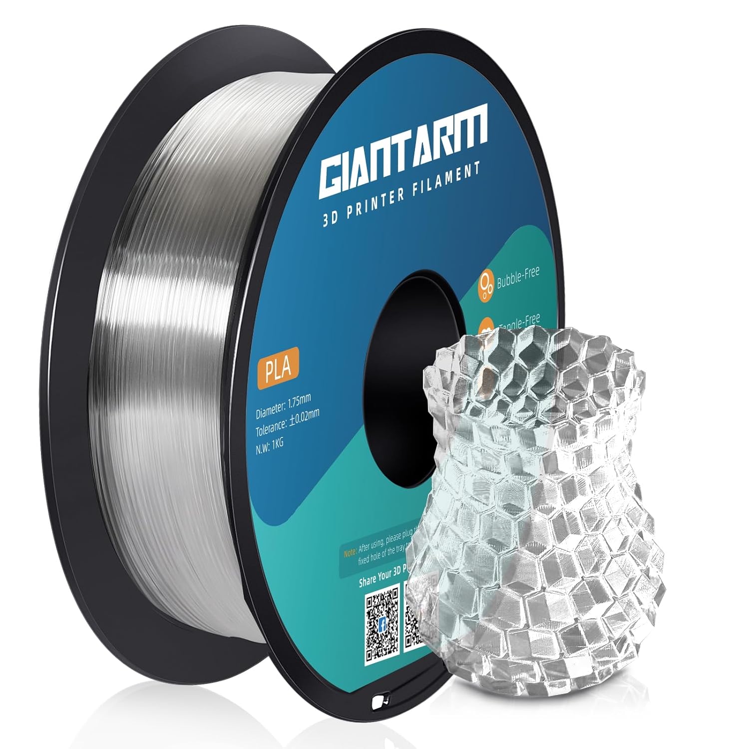 PLA Filament 1.75mm, GIANTARM Classic PLA 3D Printer Filament 1kg Spool (Transpa...