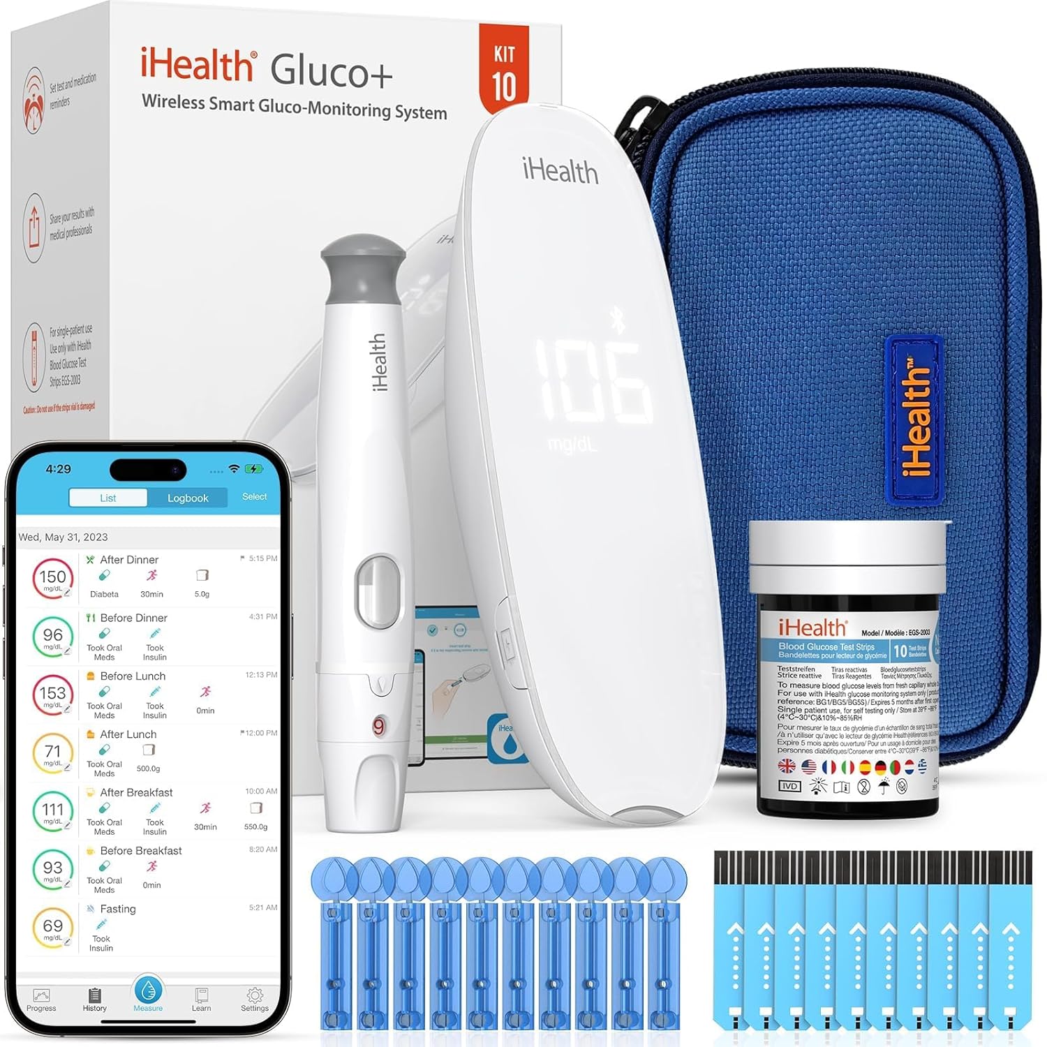 iHealth Gluco+ Wireless Smart Blood Glucose Monitor Kit with Free App, 10 Glucom...