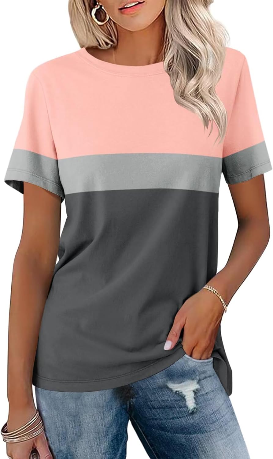 Minetom Women’s T Shirts Color Block Short Sleeve Tops Casual Summer Tees X-Larg...