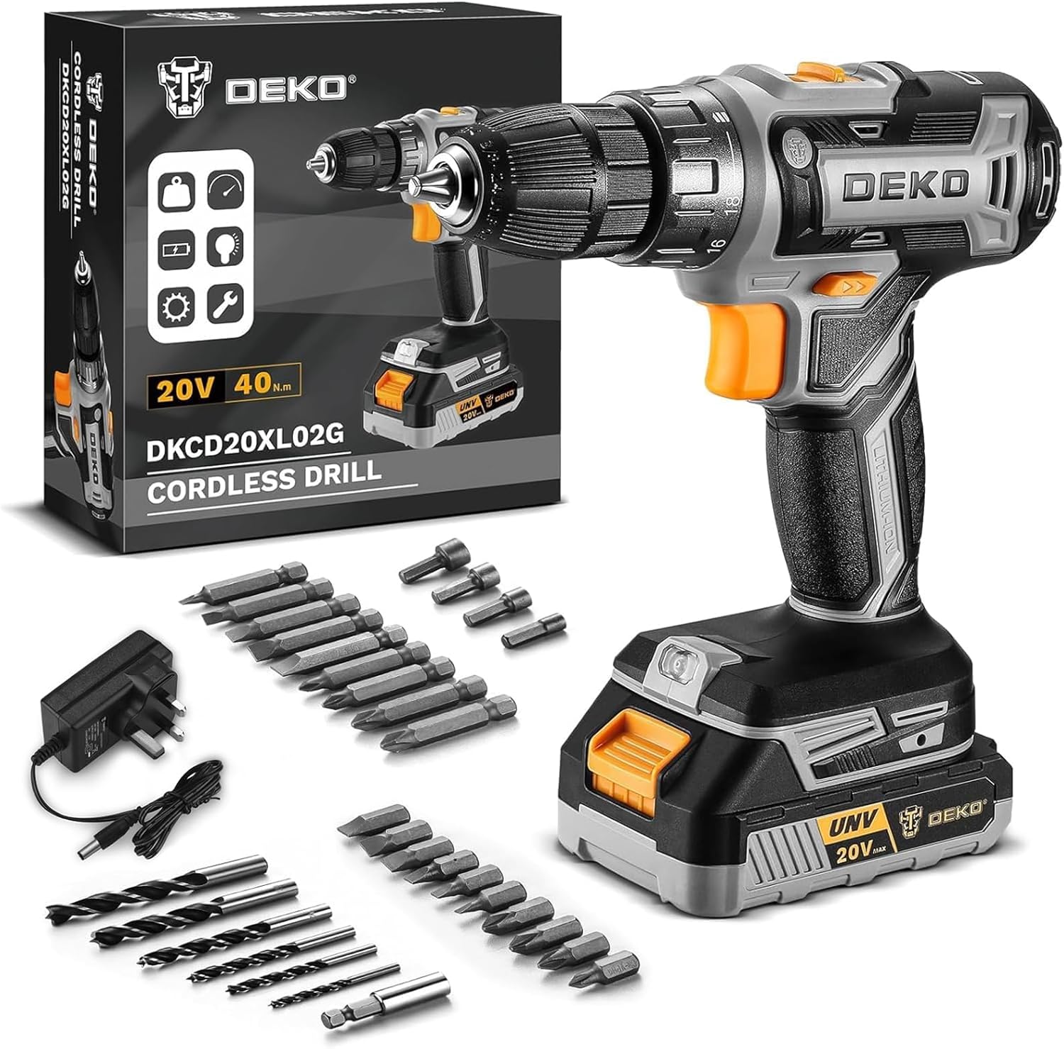 Power Drill Cordless: DEKOPRO Grey Cordless Drill 20V Electric Power Drill Set T...