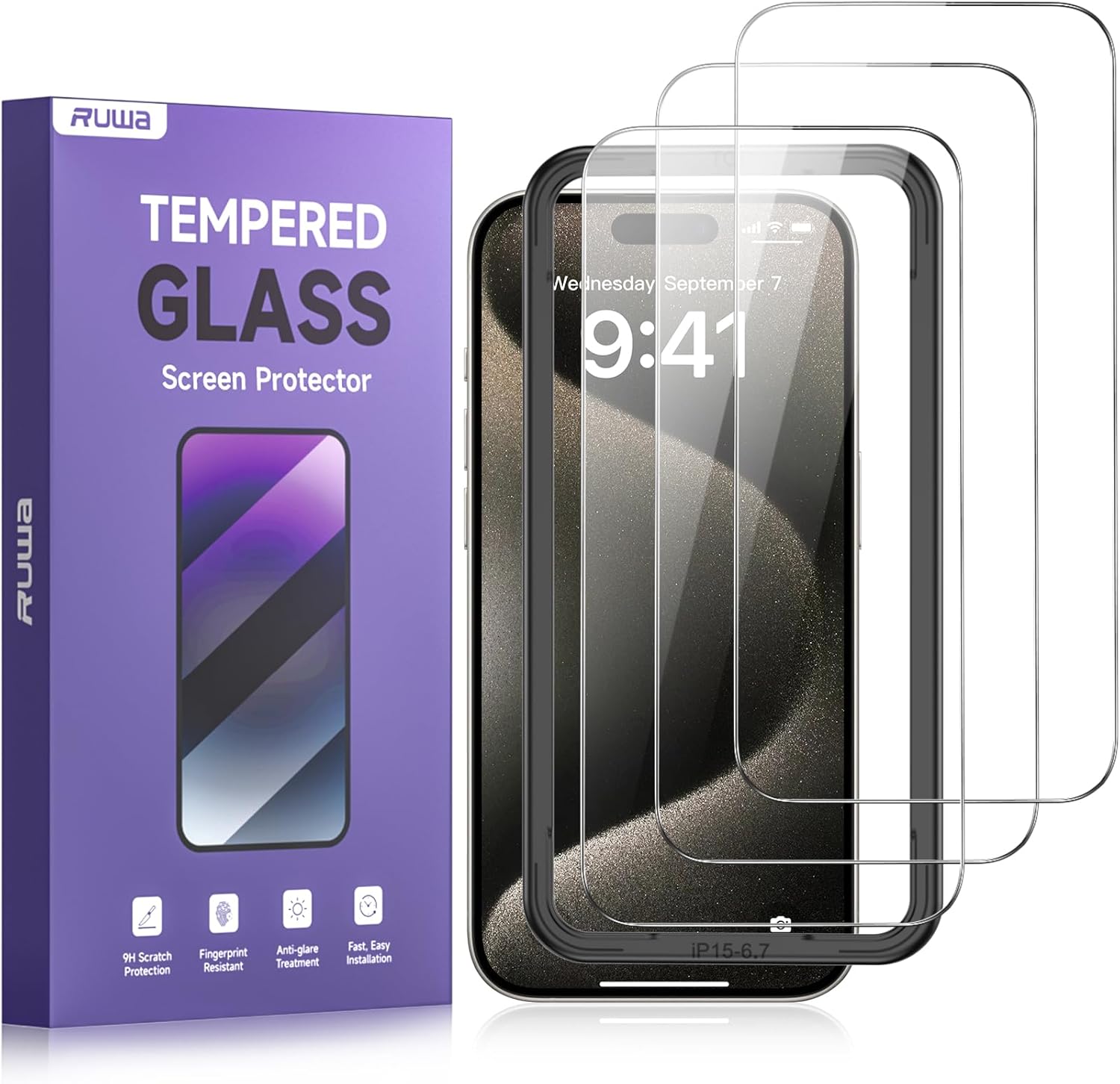 ruwa Screen Protector for iPhone 15 Plus/16 Plus [6.7 Inch] [3-Pack] Tempered Gl...