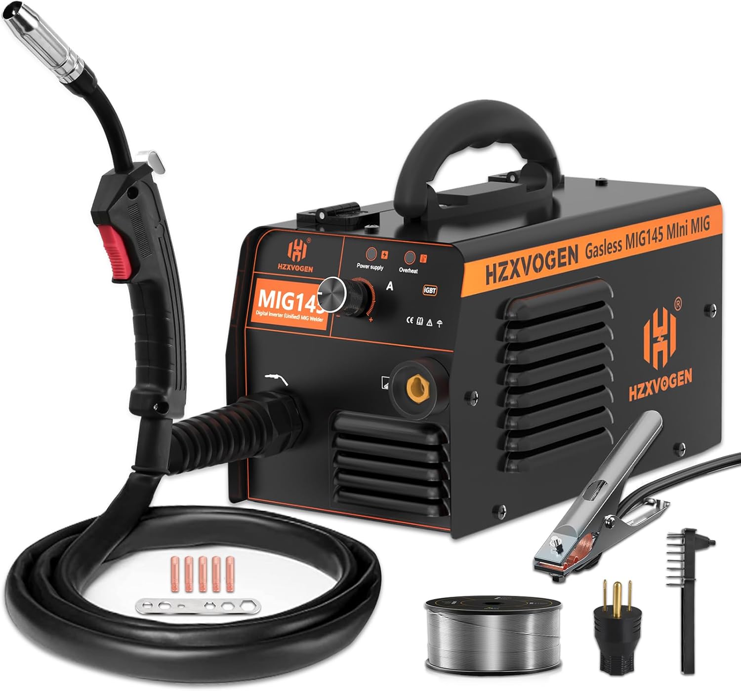 H HZXVOGEN 145A MIG Welder 110V/220V Flux Core Welder Dual Voltage MIG Welding M...
