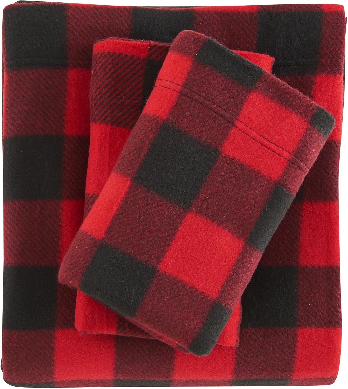 Viviland Plush Micro Fleece Buffalo Plaid Red and Black Holiday Full Bed Sheet S...