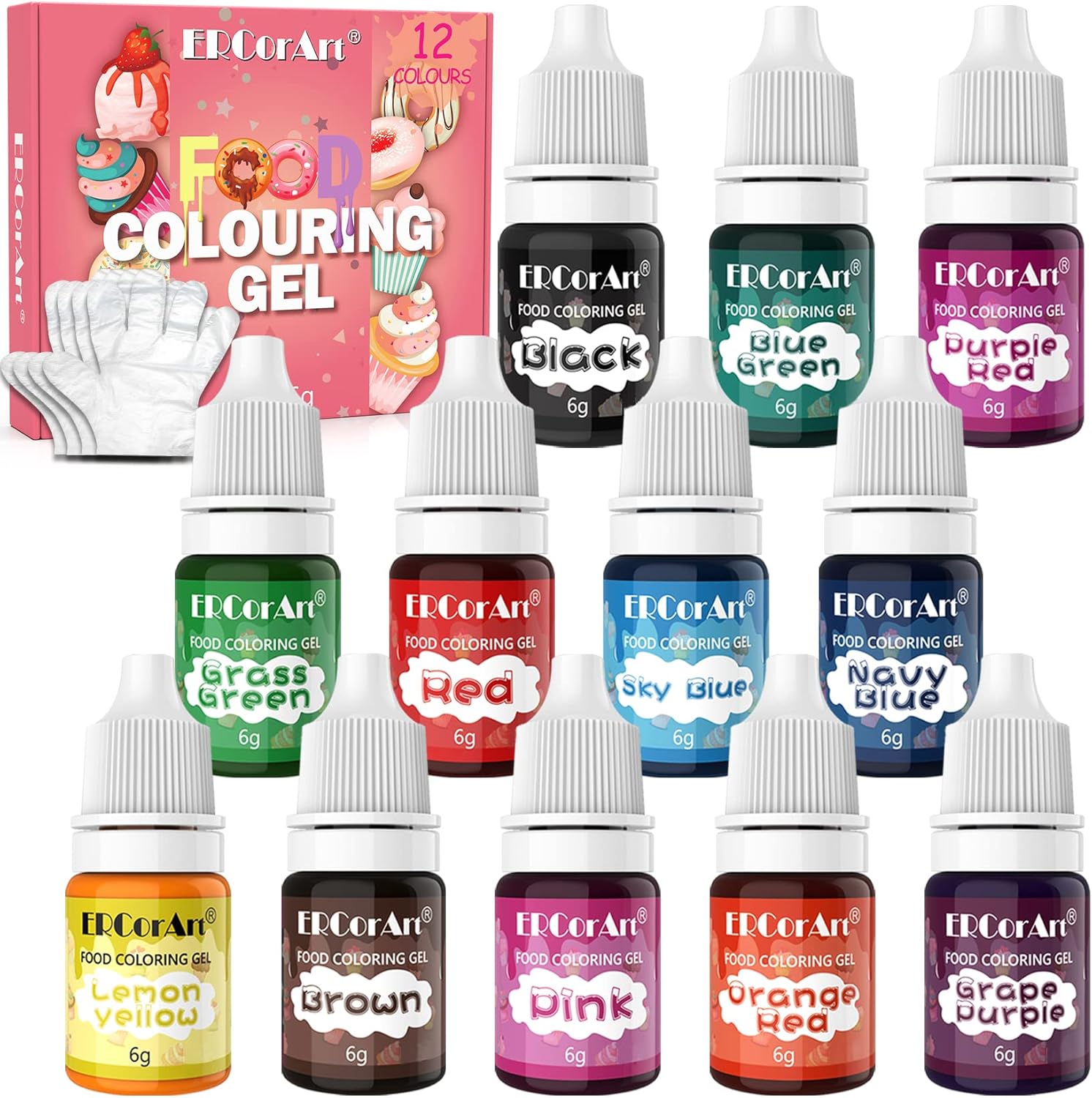 12 Colours Gel Food Colouring - Icing Gel Colours Set with Gloves, Gel Food Colo...