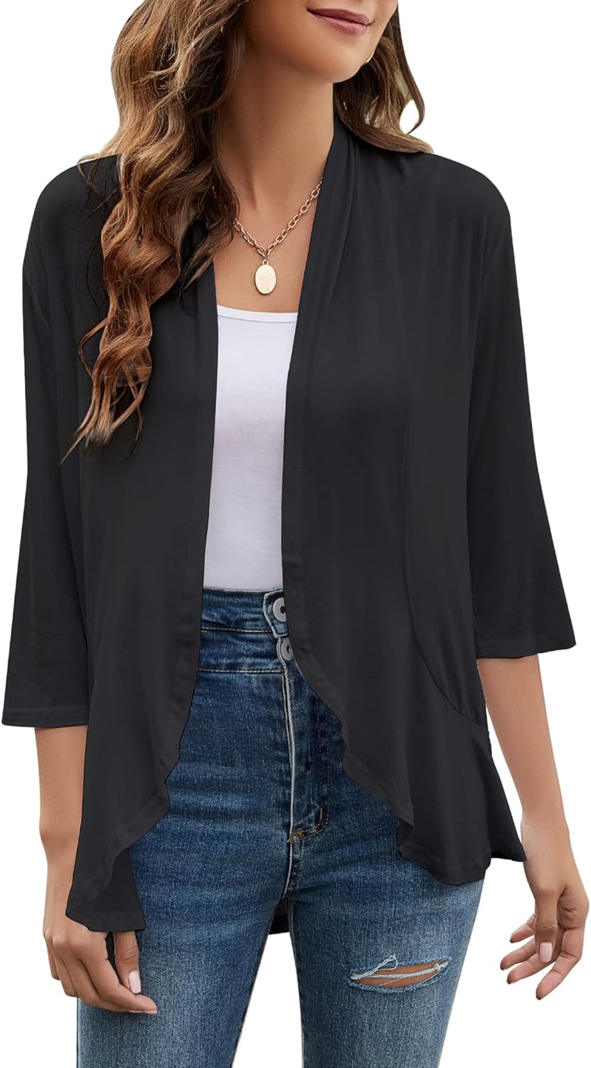 Yekaty Women Cardigan 3/4 Sleeves Open Front Lightweight Cardigan Draped Ruffles...
