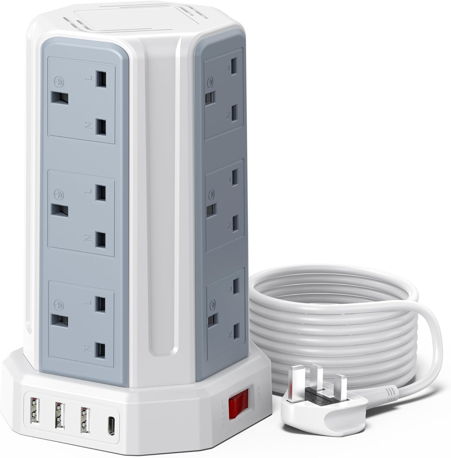 Tower Extension Lead 5M, [13A 3250W] 12 Way Extension Tower Multi Plug Extension...
