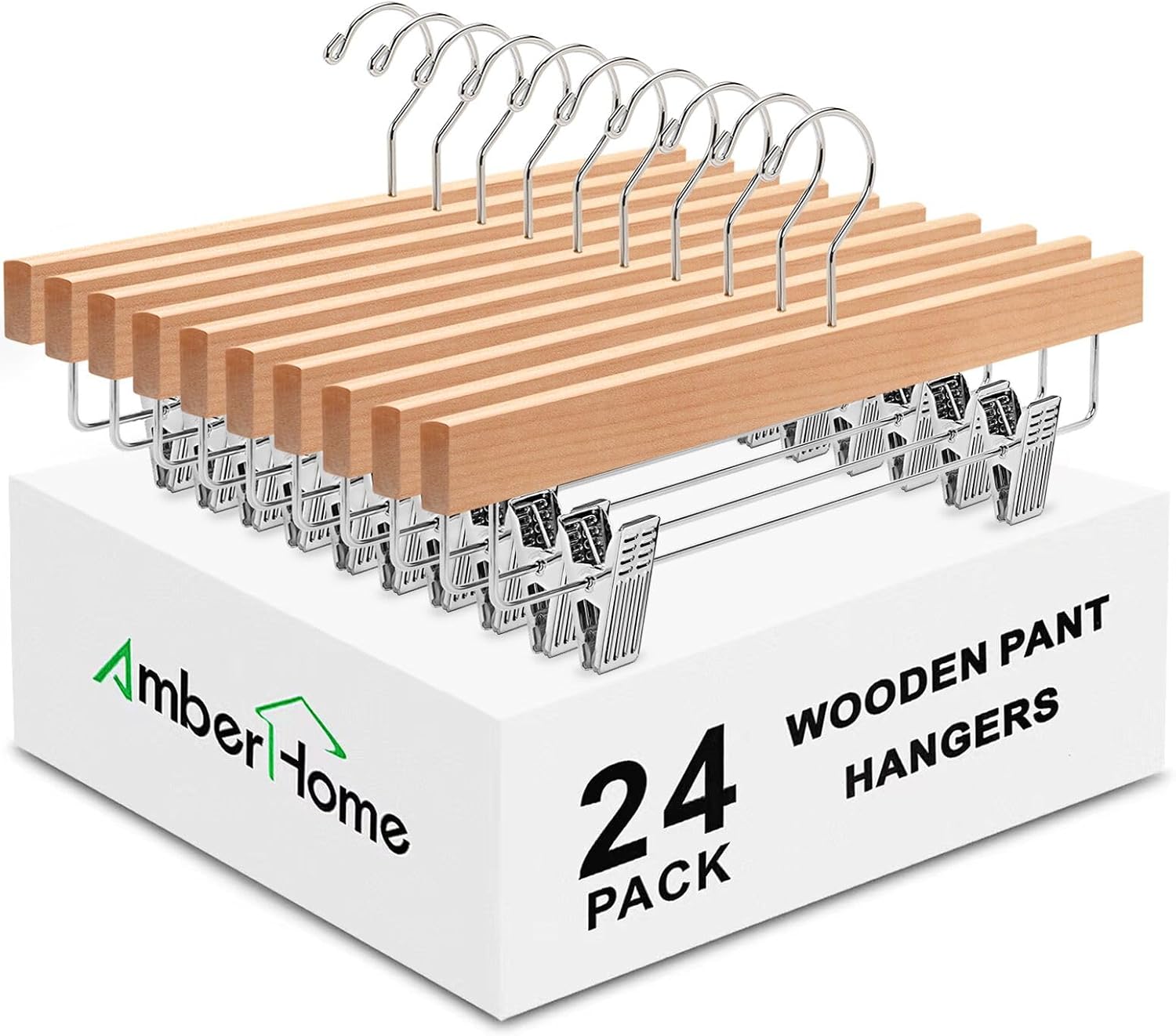 Amber Home 24 Pack Natural Wooden Pants Hangers with Clips, Wood Skirt Hangers T...