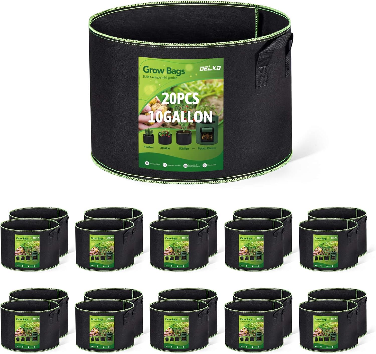 Delxo 20-Pack 10 Gallon Heavy Duty Aeration Thickened Nonwoven Fabric Pots Plant...