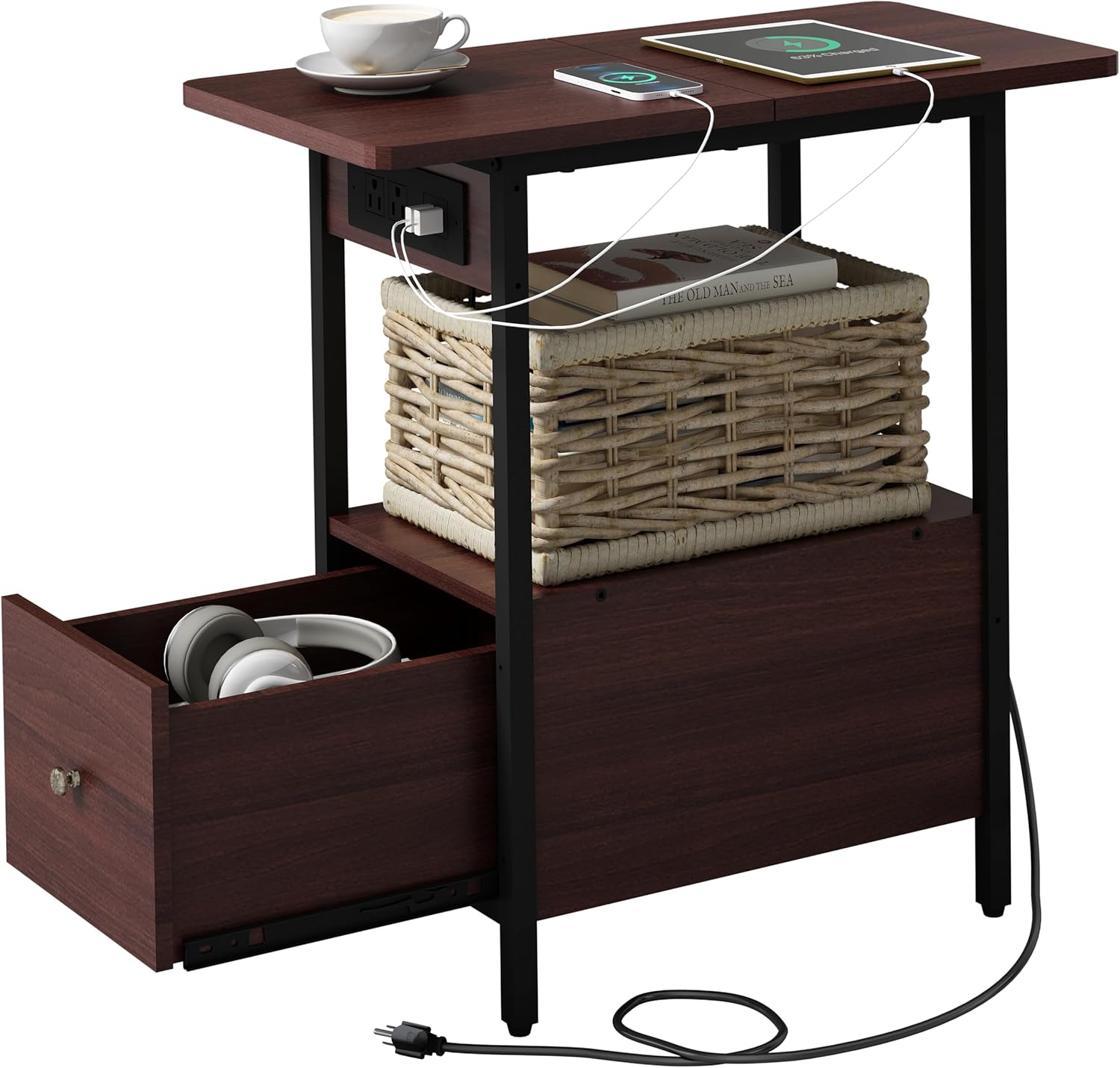 LIDYUK End Table with Charging Station, Narrow Side Table with Drawer and USB Po...