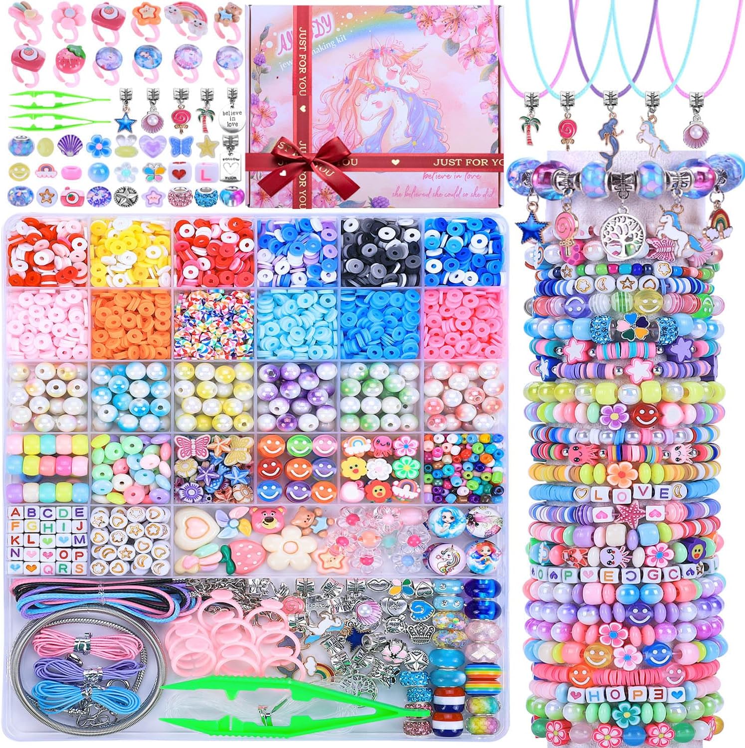 AIPRIDY 3200 Pcs Unicorn Jewelry Activity Kit,Clay Beads Bracelet Making Kit,Fla...