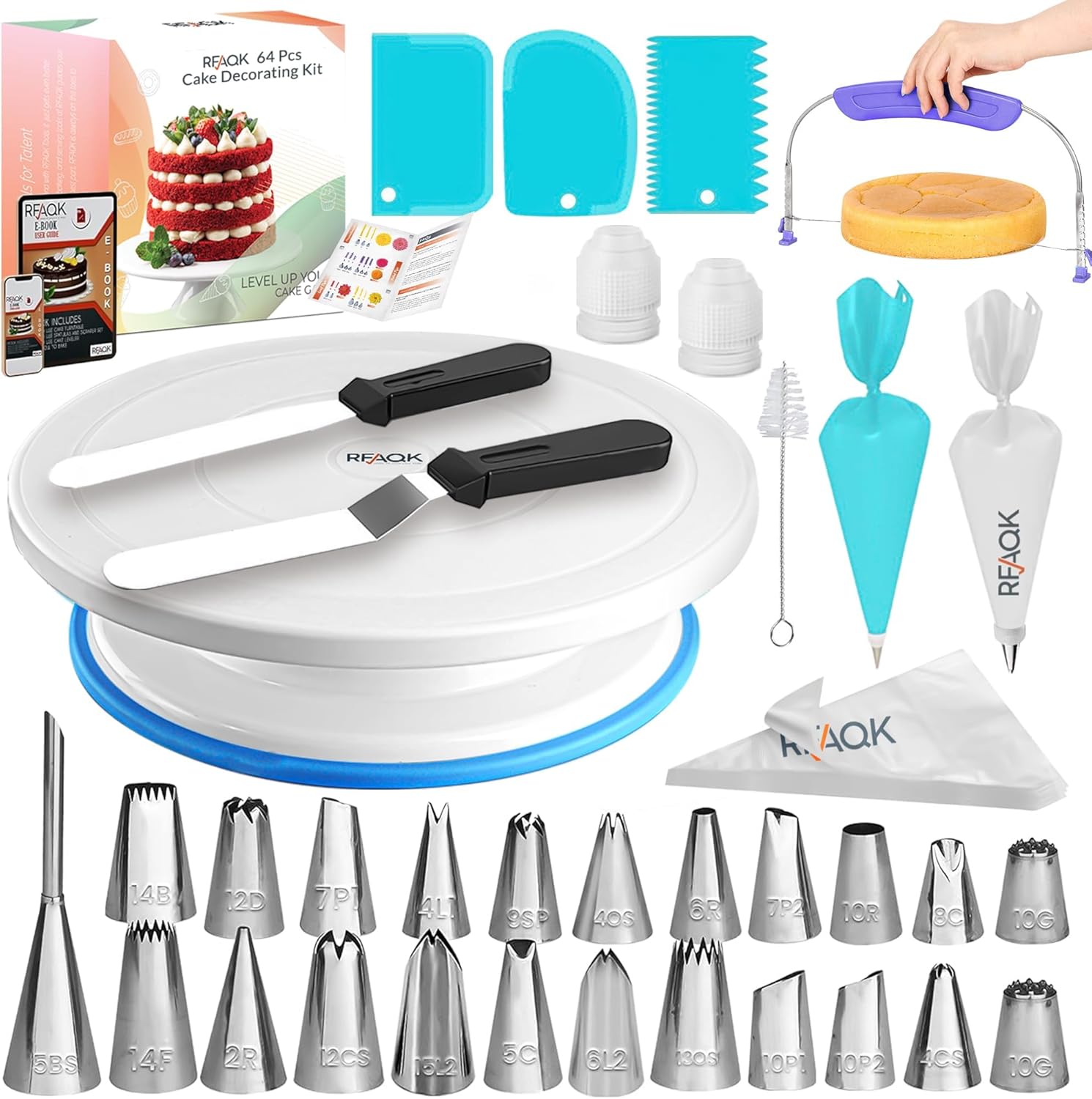 RFAQK 64 PCs Cake Decorating Kit for Beginners Includes Video Course, Booklet +...