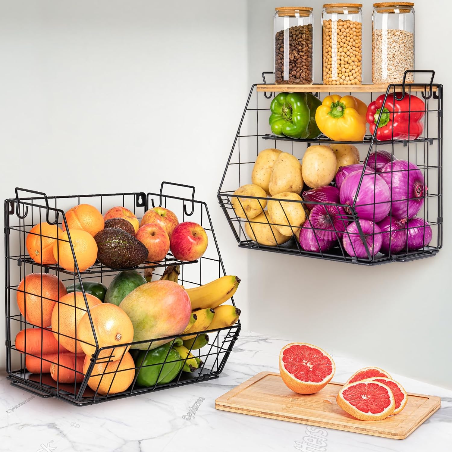 3 Tier Fruit Basket for Kitchen with Bamboo Cutting Board, 2 Set Pantry Kitchen...