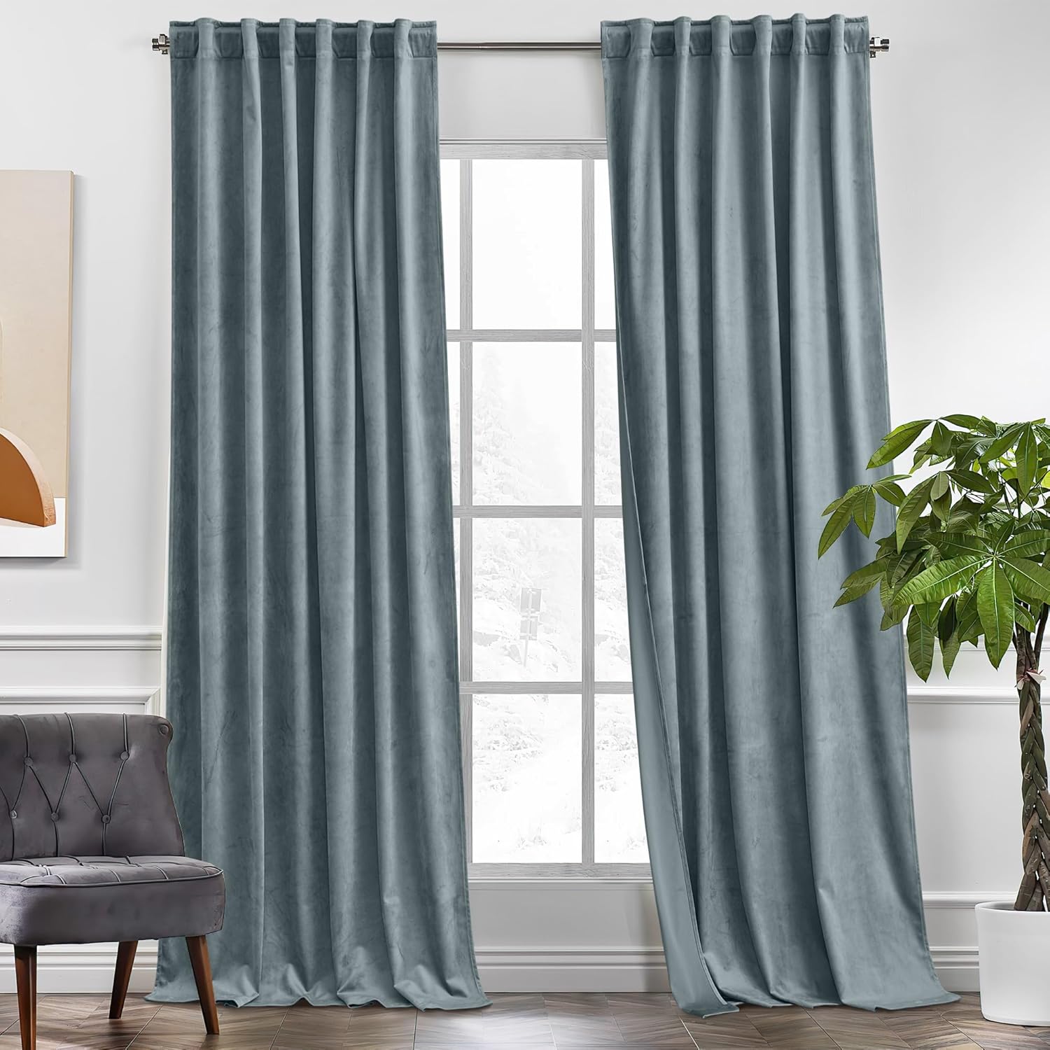 KGORGE Stone Blue Velvet Curtains 84 inches 2 Panels, Velvet Blackout Curtains f...