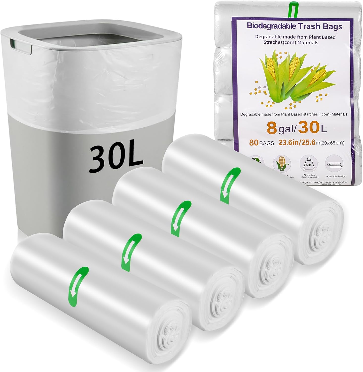 80 x 30 Liter Bin Bags, 23.6 * 25.6 in/8Gallon Food Waste Bags 4 Roll Kitchen Bi...