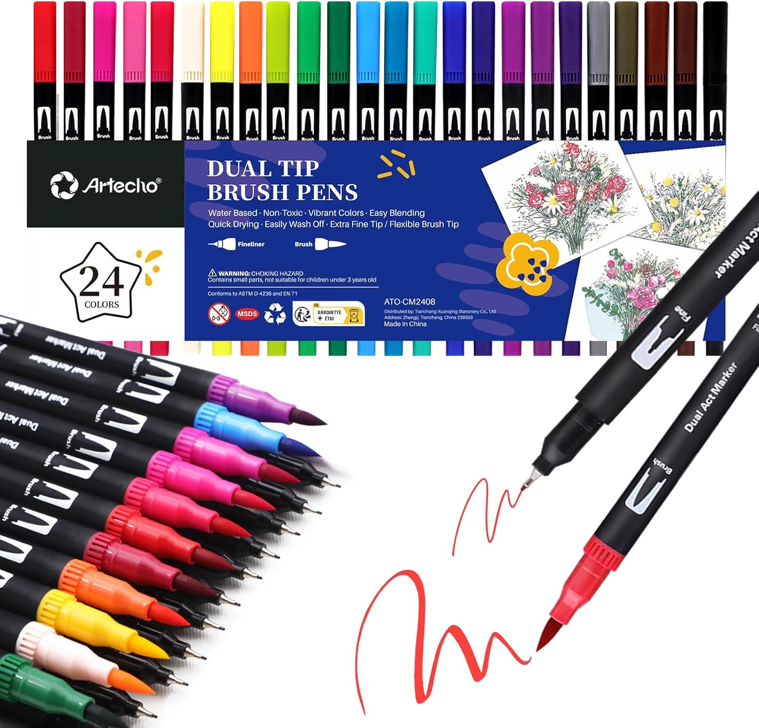 Artecho 24 Dual Tip Brush Pens，Colouring Pens brush pens for Adult，Colouring B...