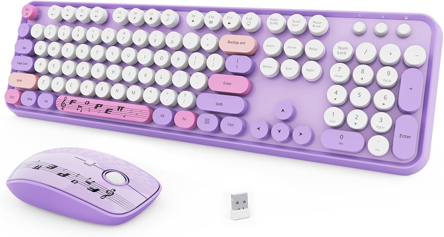 Wireless Keyboard Mouse Combo,Purple Retro Typewriter Keyboard with Round Keycap...