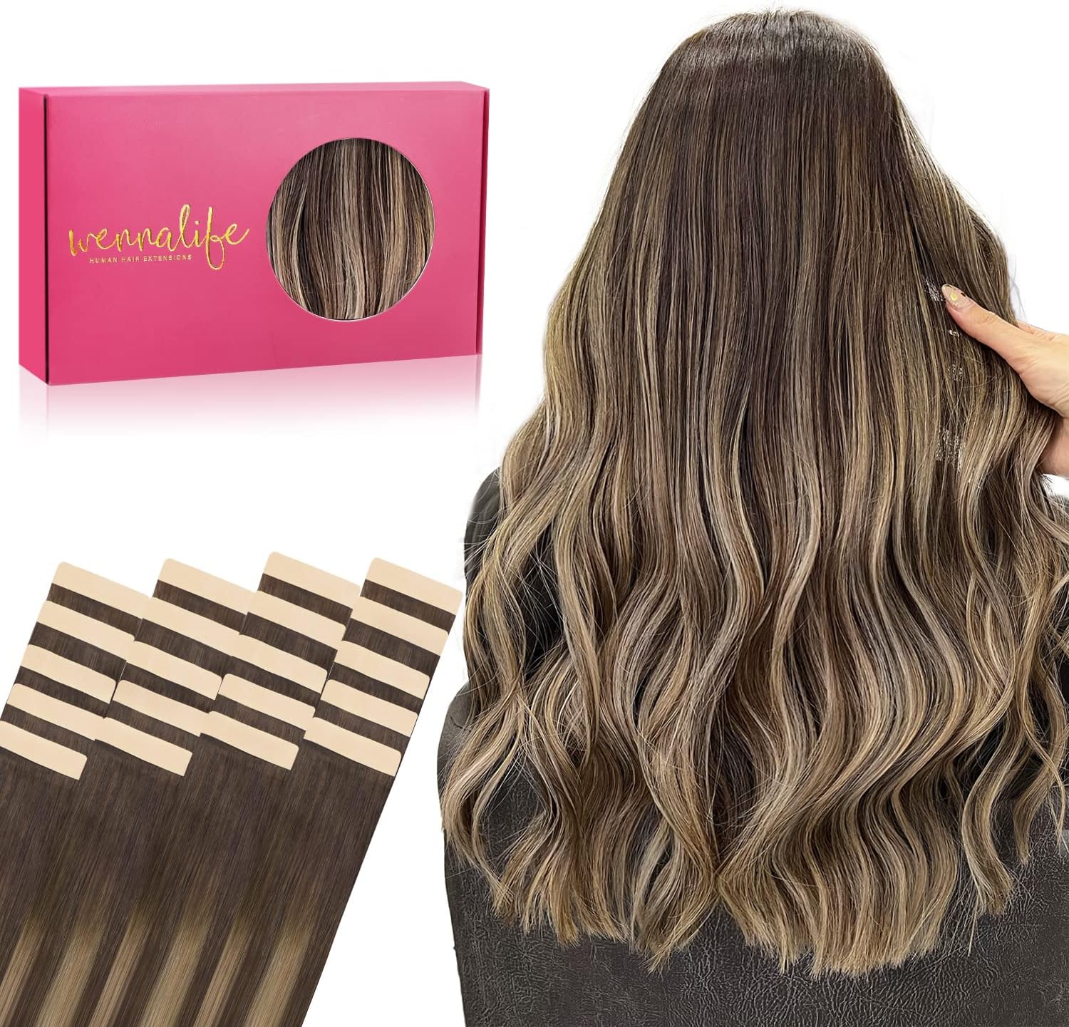 WENNALIFE Tape in Hair Extensions Human Hair, 20pcs 18 inch 50g Balayage Chocola...