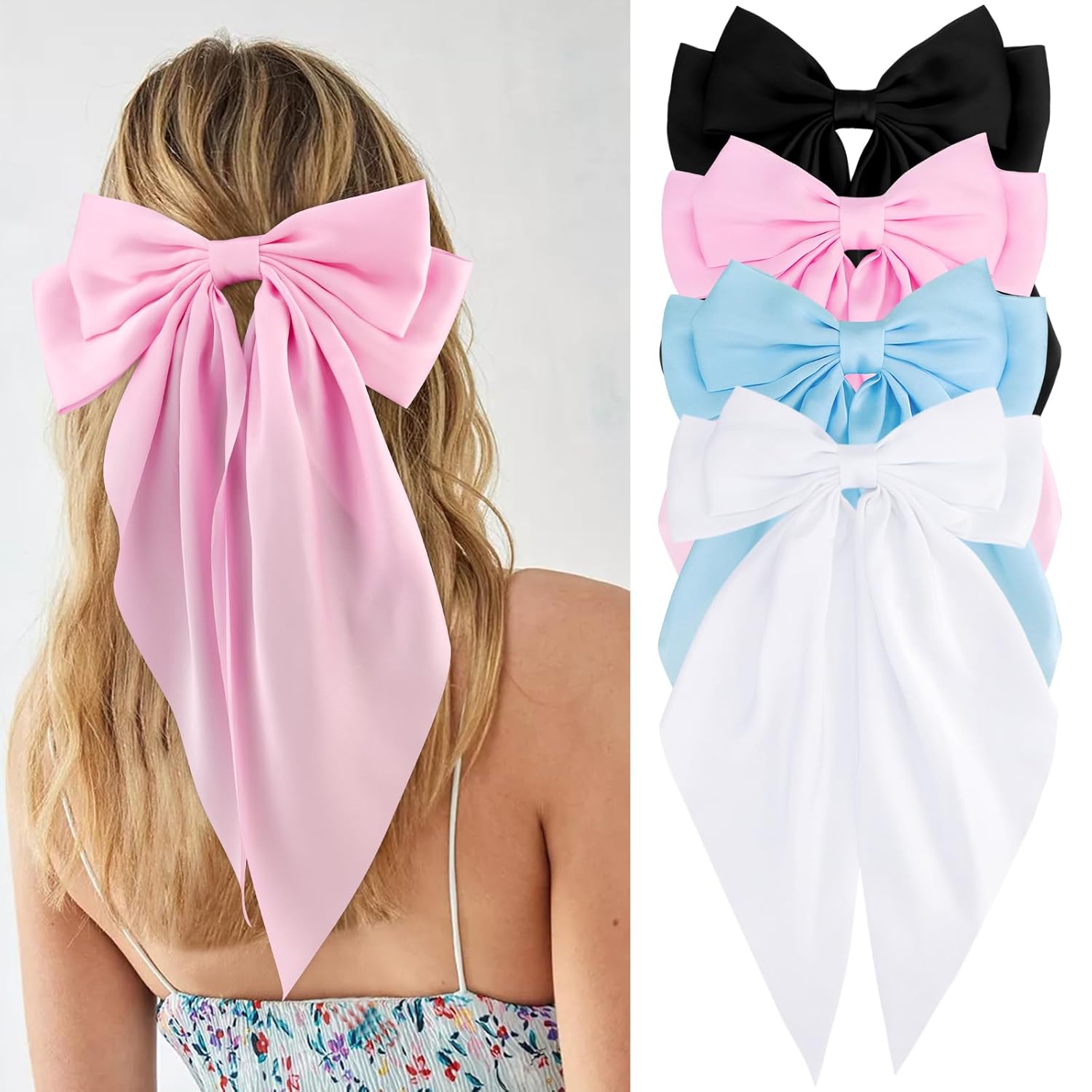 VELSCRUN Women & Girls 4-Piece Silky & Satin Hair Bows - Black, White, Pink, Blu...