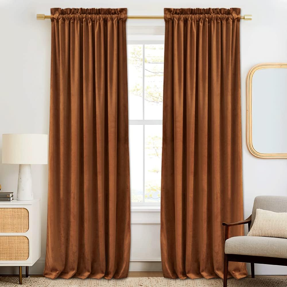 RYB Home Caramel Velvet Curtains 2 Panels Set, Heavy Duty Window Treatment Priva...