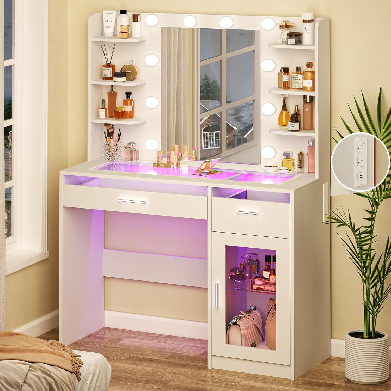 Vanity Desk with Mirror and Lights, Makeup Vanity Desk with Lights 3 Colors, Tra...