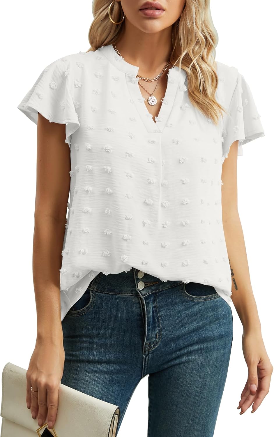 Womens Summer Tops Casual V Neck T Shirts Ruffle Short Sleeve Blouses Dressy Loo...