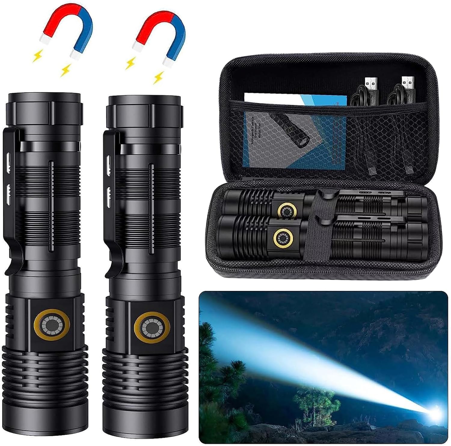 Rechargeable Tactical Flashlights 20000 High Lumens - 1500 Meters Long Beam Supe...