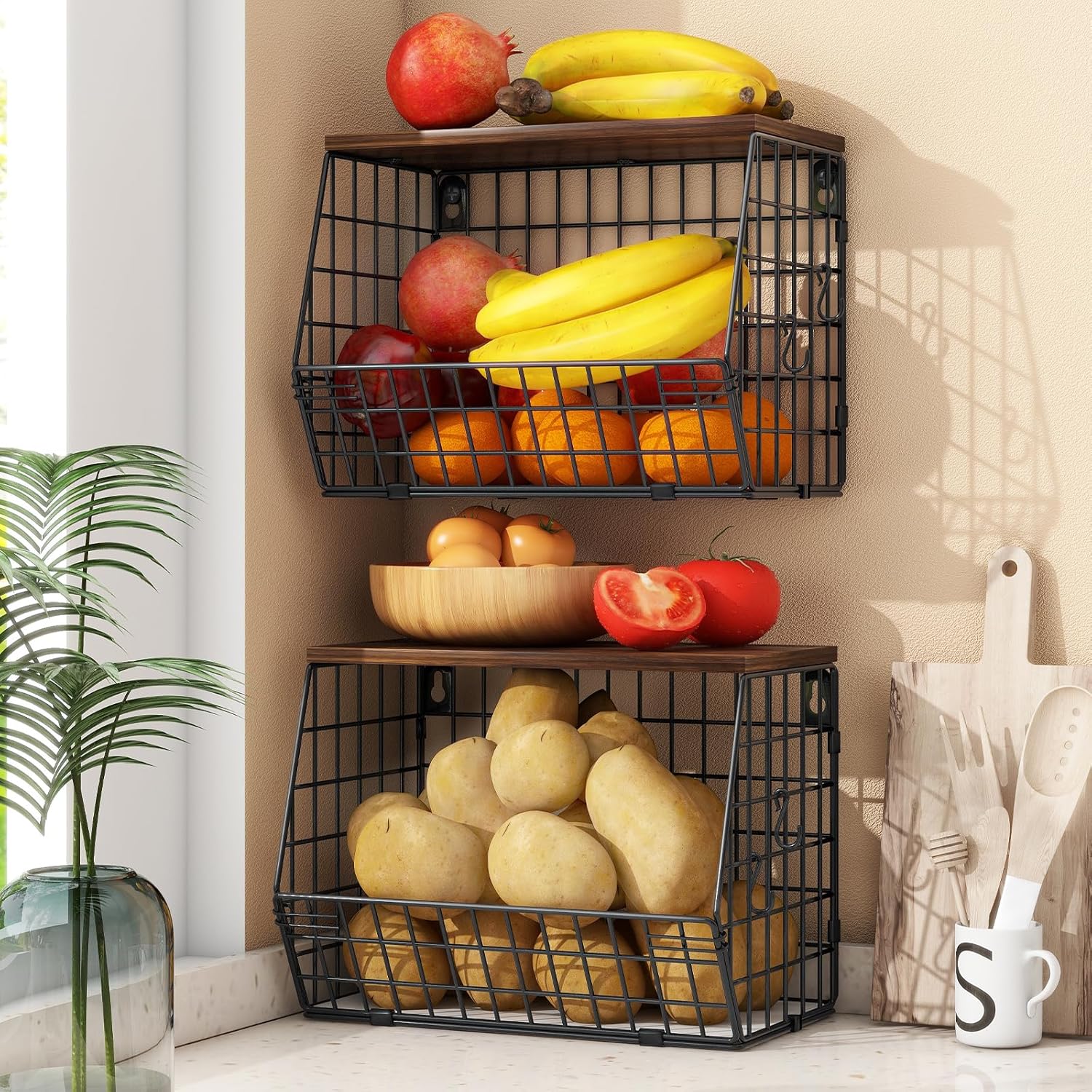 2pcs Fruit Basket Kitchen Storage Basket with Wood Lid, Stackable Wall Basket Fr...