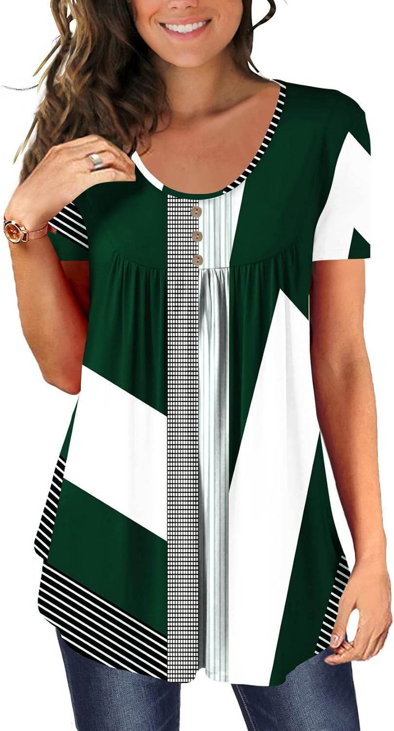 BeadChica Women's Tunic Tops For Leggings Short Sleeve Shirts Botton Up Casual R...