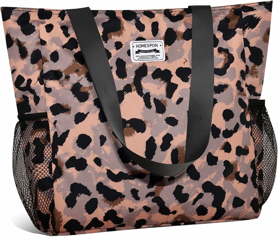 HOMESPON Large Waterproof Beach Tote Bag with Zip and Pockets for Women (Leopard...