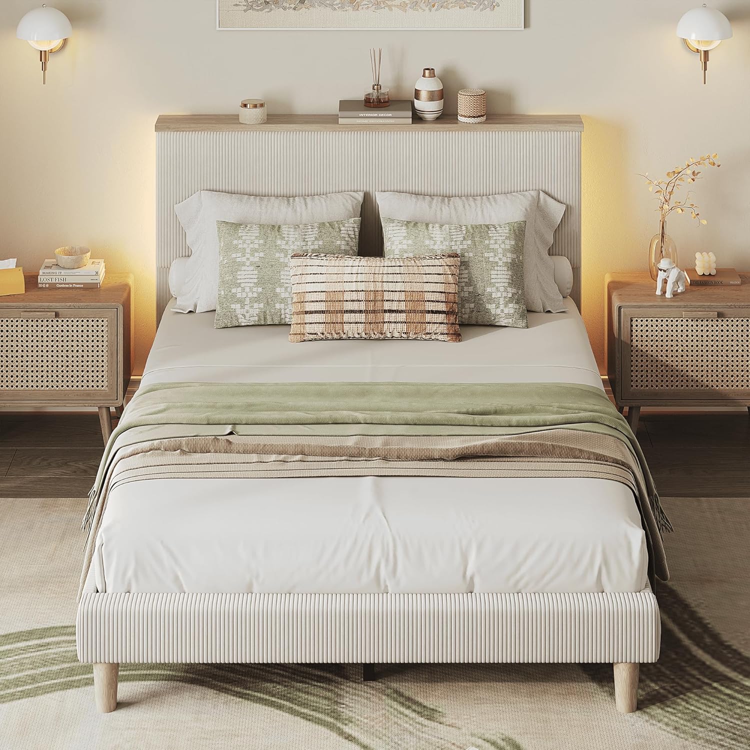 Bestier Full Corduroy Upholstered Bed Frame with Vertical Channel&Adjustable Hea...