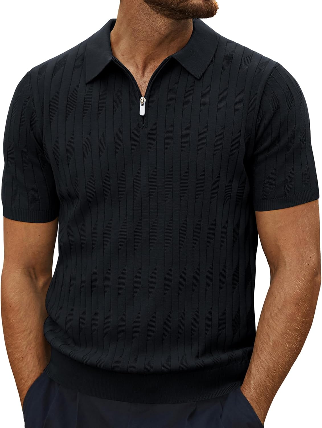 PJ PAUL JONES Men's Quarter Zip Polo Shirts Short Sleeve Textured Knit Polo T Sh...