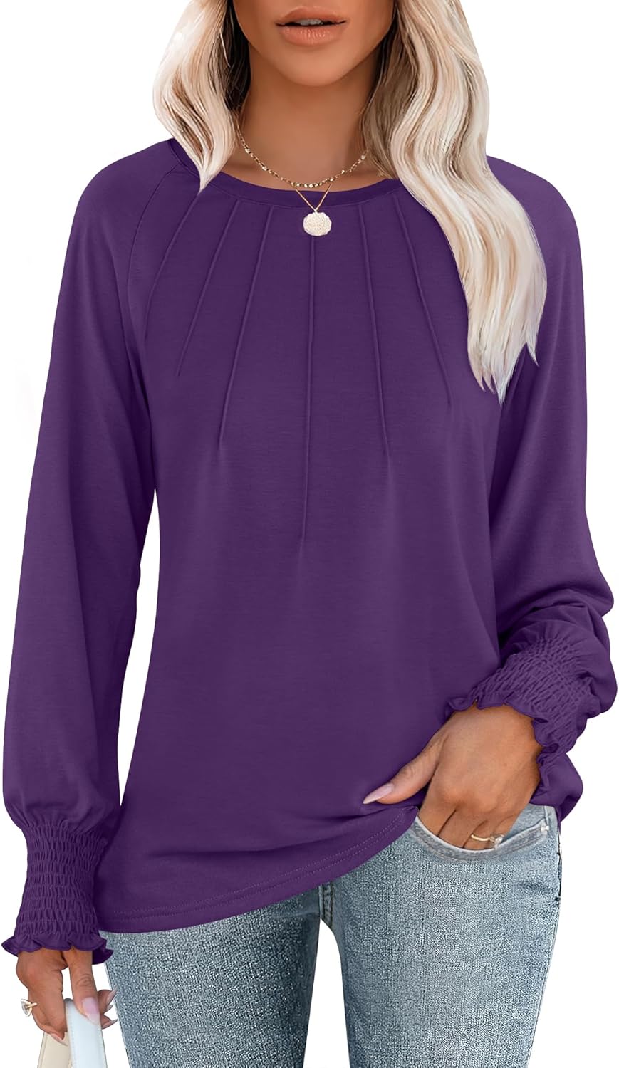ANRABESS Women's Tops Dressy Casual Long Sleeve Pleated Shirts Crewneck Loose Ba...