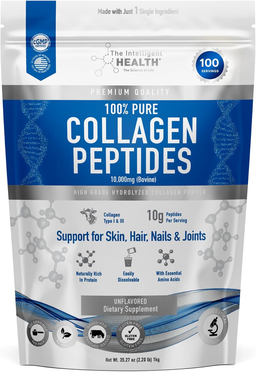 Hydrolysed Collagen Powder (Bovine) - High Protein Grass Fed Unflavoured Peptide...