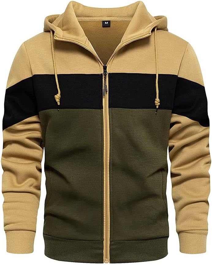 LBL Mens Slim Fit Long Sleeve Zip-up Fleece Hoodie Color Block Sweatshirt with K...