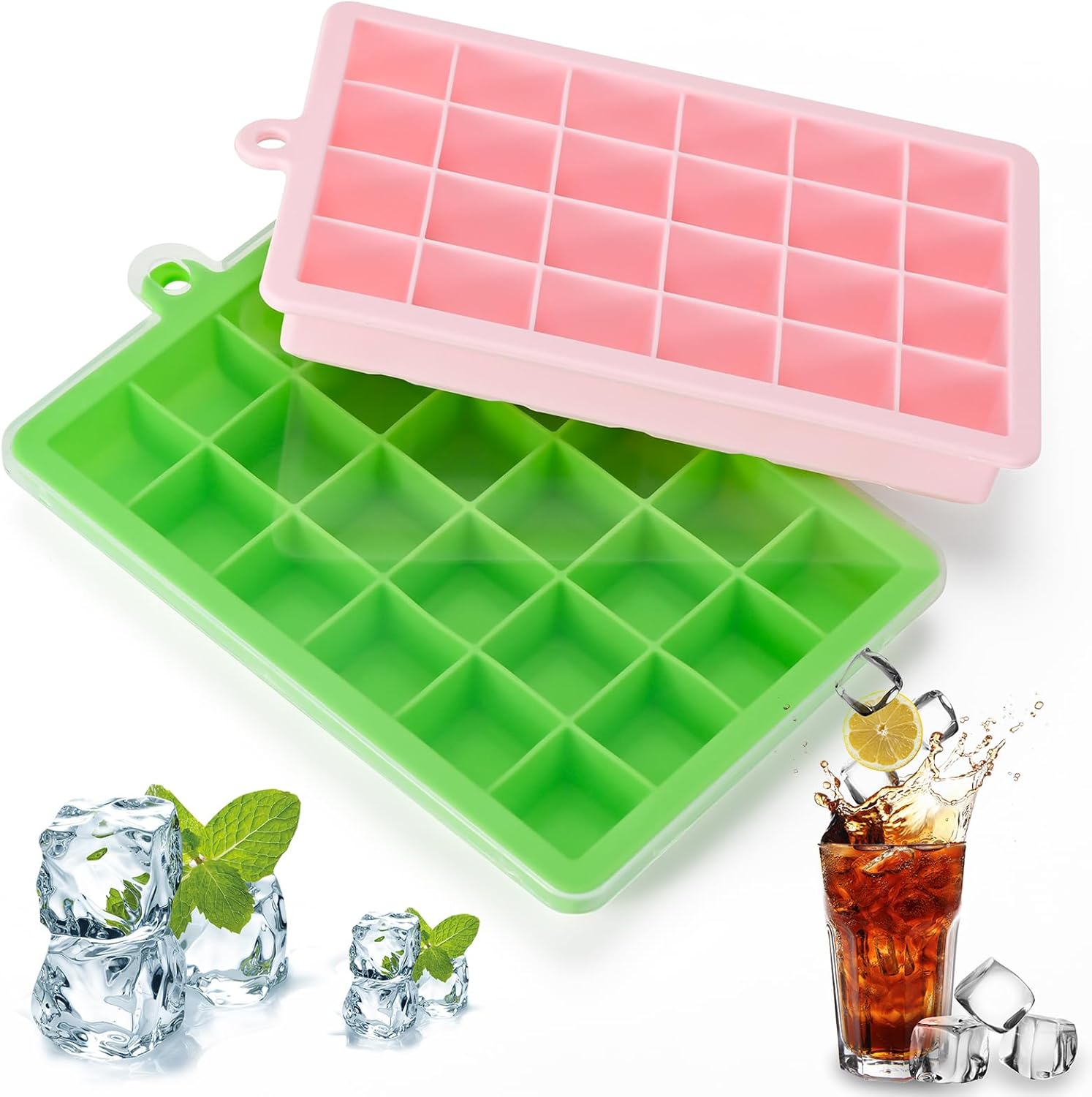 FIOUSY Silicone Ice Cube Tray, Flexible Ice Cube Tray with Removable Lid, 2 PCS...